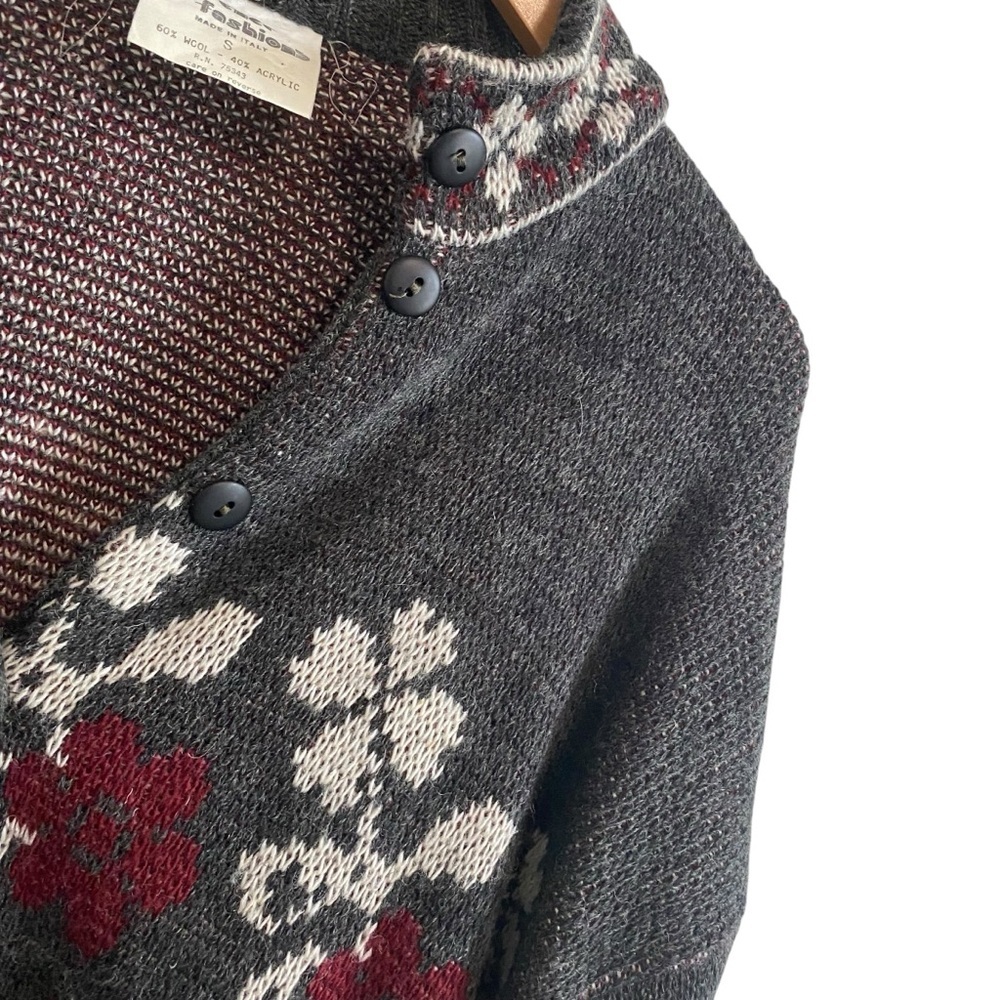 Vintage Made in Italy Gray Red White Floral Cardigan Wool Blend Knit Sweater S - Picture 3 of 7